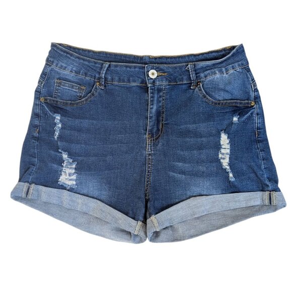 Womens Distressed Denim Cuffed Stretch Jean Shorts Medium Wash - Picture 2 of 3